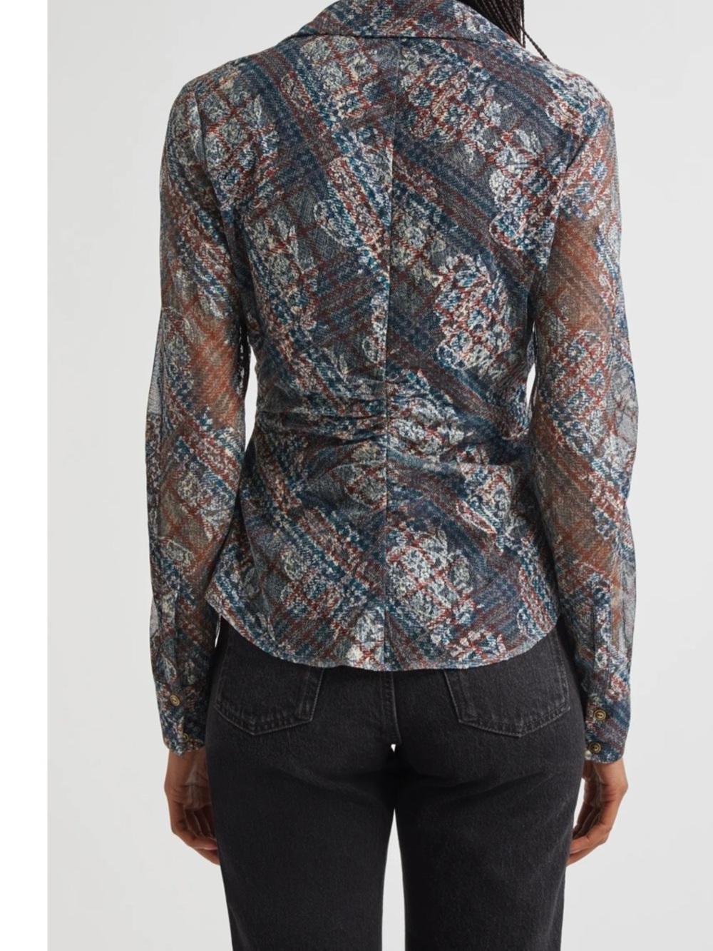 Ramy Brook Blue Multi Ruched Sheer Button-Down Shirt - Picture 2 of 3